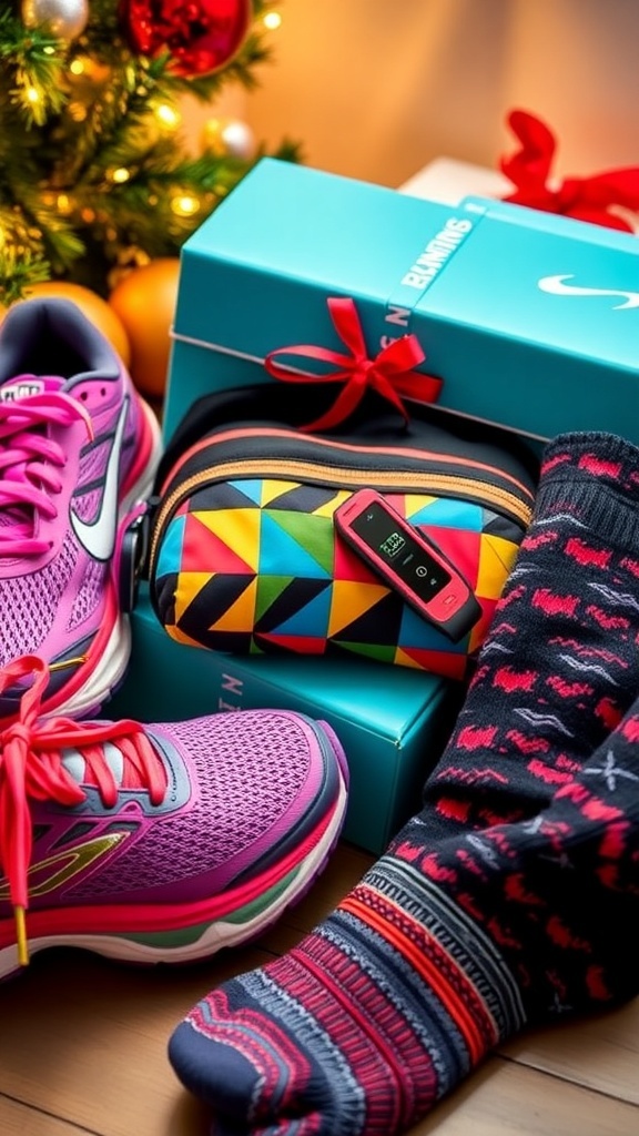 A collection of Christmas gift ideas for runners including shoes, hydration gear, and accessories.